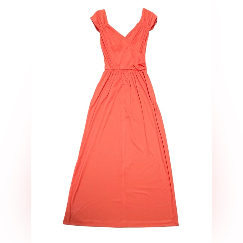 Vintage 70’s Vicky Vaughn Coral V-neck Cap Sleeve Maxi Dress w/draped back Small